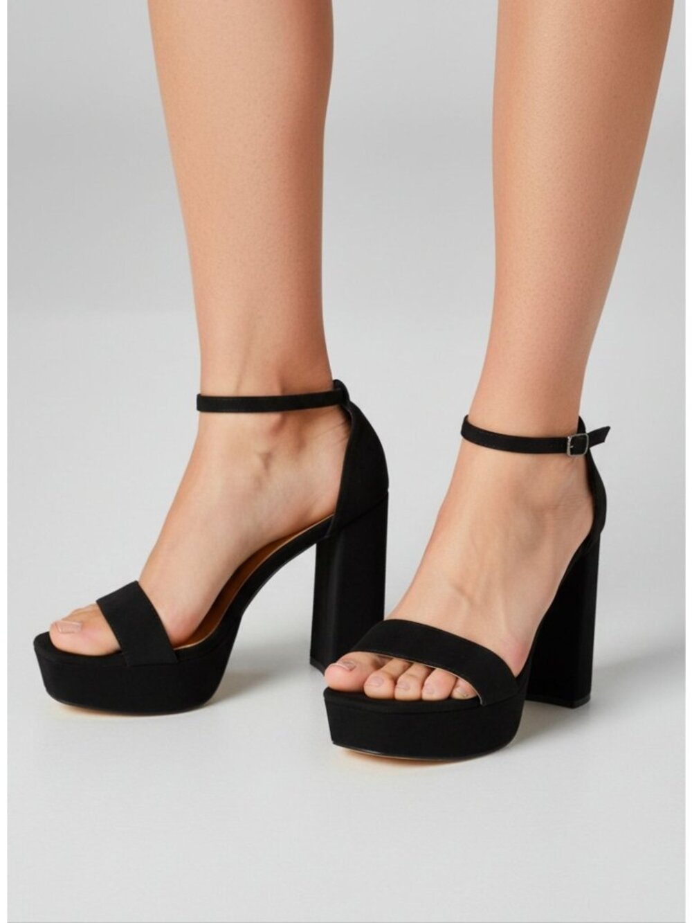 Black Platform Block Heel Sandals With Adjustable Ankle Strap For Women